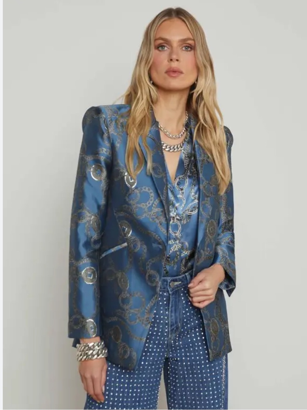 NWT L'AGENCE  Sheila Longline Jacquard Blue Silver Good Luck Chain Blazer Sz 8 - Picture 2 of 16